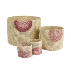 4-tlg. Korbset Handgefertigt Aus Raffia ISALO In Natur-Rosa